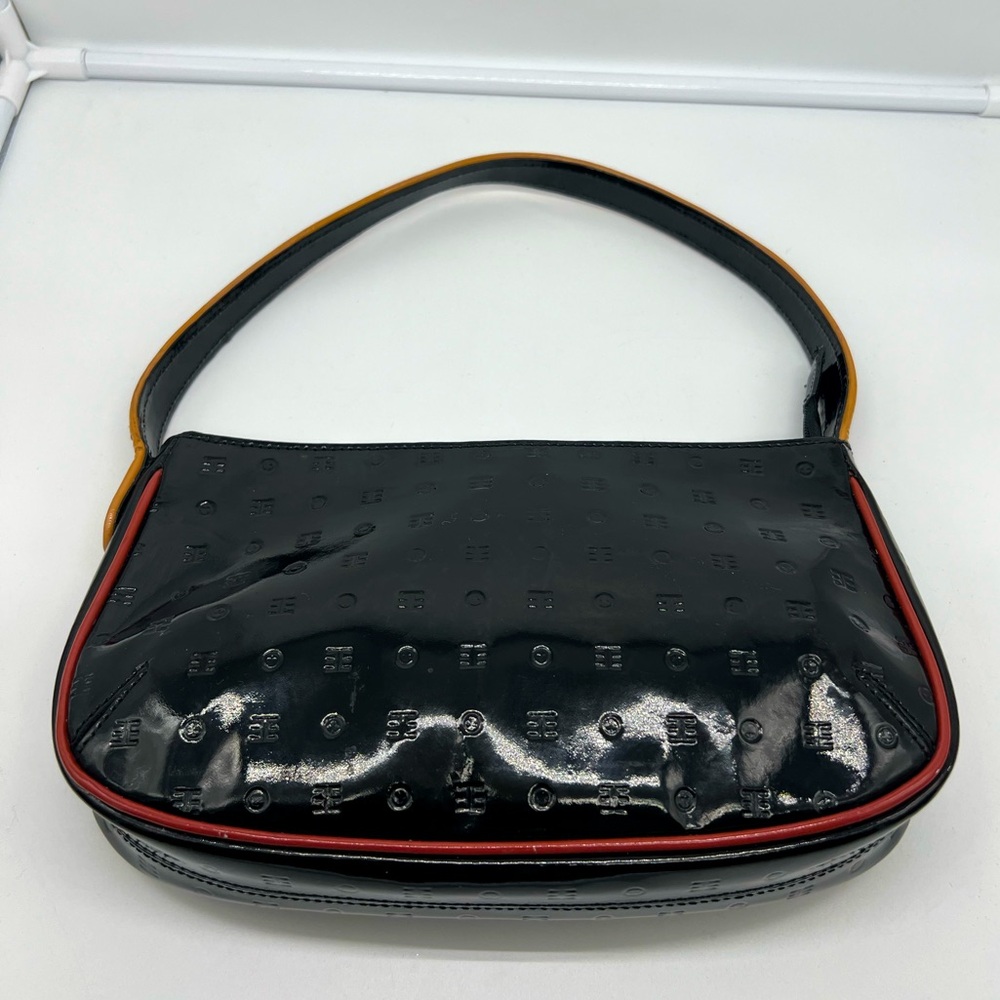 ARCADIA Black Glossy Patent Leather Contrast Hobo Baguette Shoulder Bag